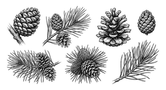 Set of Pine cones and needles in detailed line art