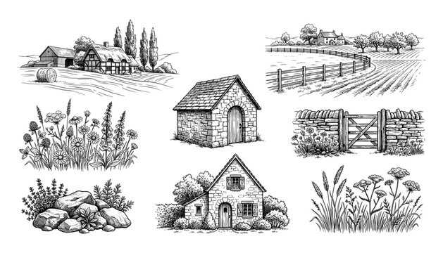 Rural vintage cottage and farm elements set