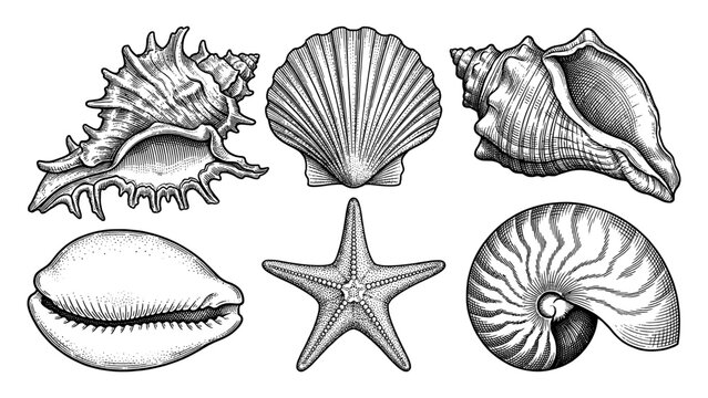 Detailed seashell and starfish line art set