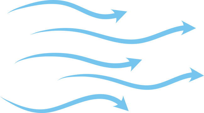 Transparent background: Blue Wavy Arrows Flowing Left - Directional, Movement, Information Flow Air flow arrows. Blue cold wind stream, fresh water direction Light wind set of vector elements on,