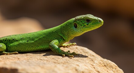 Obraz premium A vibrant green lizard with a textured body and distinctive markings basks on a rock
