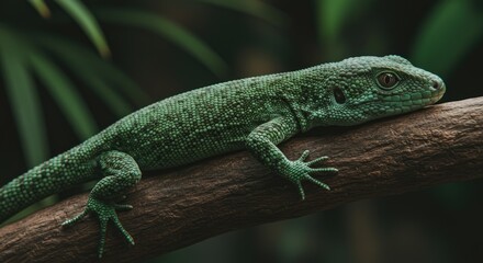 A green lizard rests on a branch, showcasing its scaly skin and sharp claws