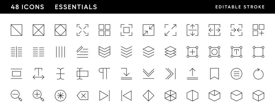 Essential icon collection. User interface icons, arrow, bookmark, zoom in, zoom out, reload, expand, clipboard, layer and more. Editable stroke. Pixel Perfect. Grid base 32 x 32.