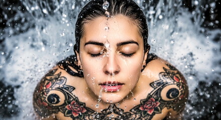 Portrait of a beautiful young woman with her eyes closed, seen from above, cooling off in a waterfall and enjoying the delightful sensation of the water.