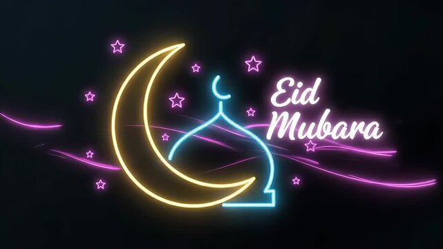 Colorful Neon Eid Mubarak Islamic Greeting Video with Mosque, Crescent Moon and Stars