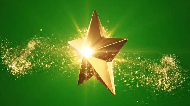 A shiny gold star explodes in a green video background with sparkling particles