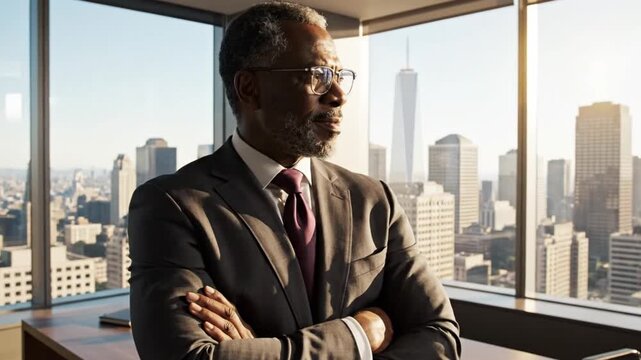 Visionary in the City: A distinguished businessperson, framed by a cityscape, embodying authority and aspiration, gazing thoughtfully upon the urban expanse.