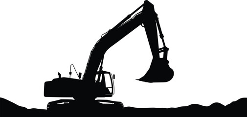 Black excavator silhouette on construction site, heavy machinery digger vector, industrial earthmover illustration, building equipment icon, isolated on white background for engineering projects © Md Joni Islam