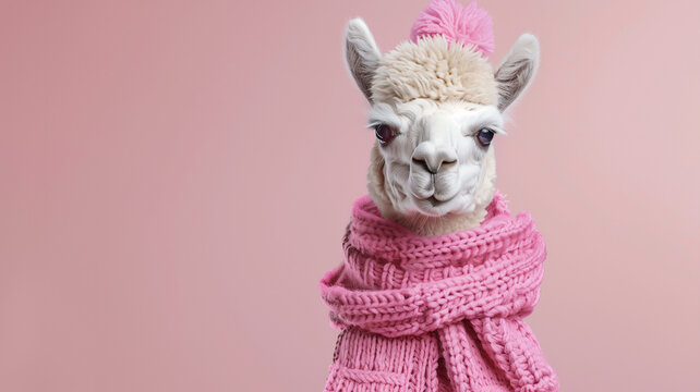 Alpaca con bufanda rosa y gorro de invierno