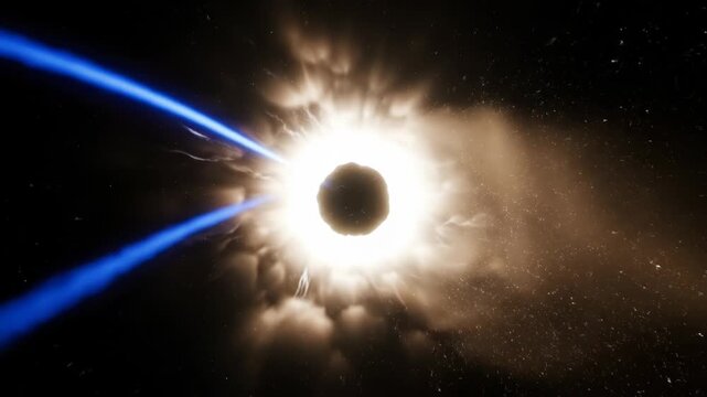 A dark celestial body is engulfed by a bright cosmic explosion.  Energy beams emanate from the center of the event.