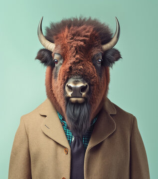 Bisonte, &ntilde;u, vestido con chaqueta cl&aacute;sica