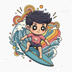 Cute Cartoon Sticker of a Boy Surfing on a Wave with Joyful Expression and Vibrant Colors