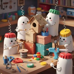 Cartoon Marshmallows Crafting Wooden Birdhouse on Worktable