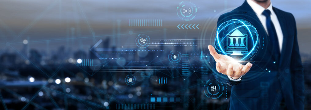 Businessman holding global e-governance network and digital public services, smart administration, online citizen services, government transparency, technology-driven management
