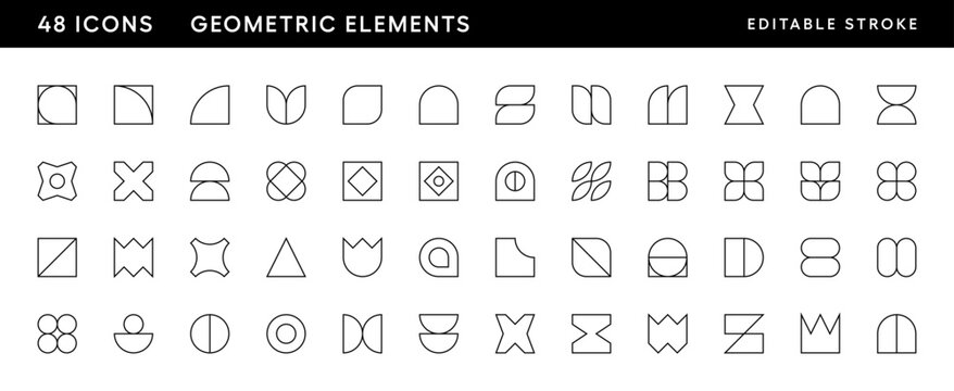 Abstract and geometric element collection. Graphic geometric elements, different shape, figure and more. Editable stroke. Pixel Perfect. Grid base 32 x 32.