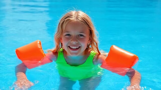 Young girl swimming in pool with floaties