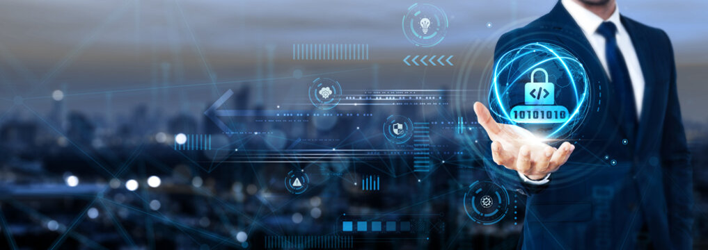 Businessman holding global Secure Coding network and software security, code integrity, cybersecurity solutions, application protection, risk prevention, IT compliance, development best practices