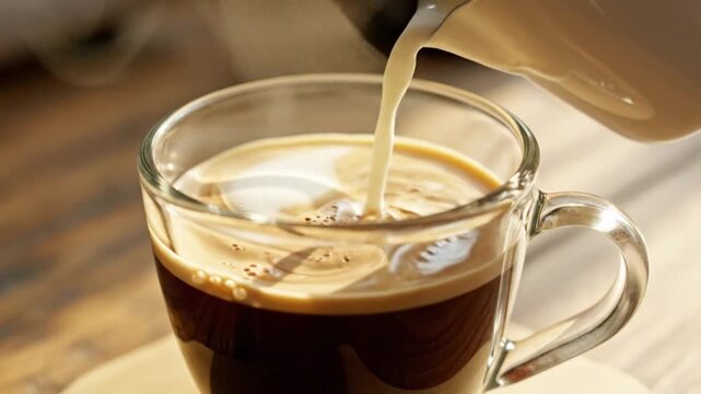 Morning Ritual: A stream of cream gracefully cascades into a steaming mug of rich, dark coffee, promising a moment of comfort and a burst of flavor. 