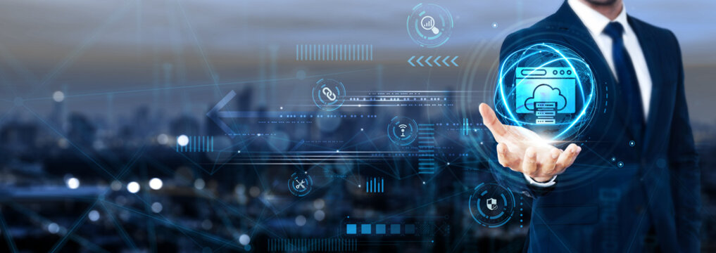 Businessman holding global web hosting network and server solutions, cloud hosting, domain management, website deployment, IT infrastructure, digital presence, scalable hosting, enterprise solutions