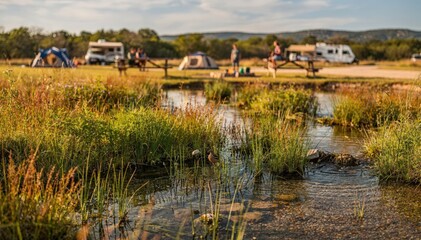 Fototapeta premium Planted wetlands treatment area in sharp focus showcasing vibrant reeds filtering wastewater with softfocus scenic campground and distant campers.