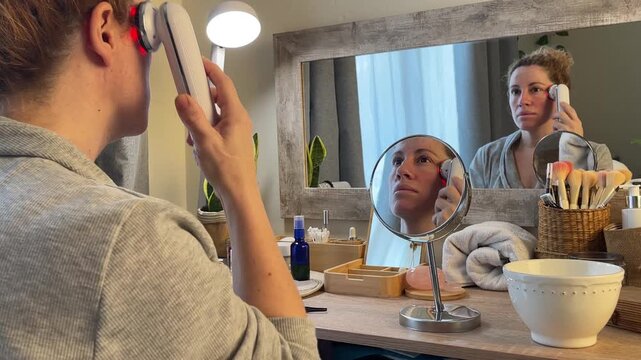 Woman Doing Skincare with Radiofrequency Device at Home