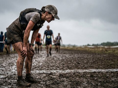 Exhausted woman resting after muddy obstacle race in overcast weather  