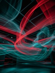 Obraz premium Abstract Light Installation: Dynamic Red and Teal Energy in Modern Space