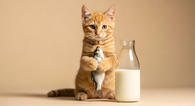 Funny orange tabby kitten holding a fresh raw fish standing next to a glass bottle of milk. Adorable animal portrait for pet food advertising.
