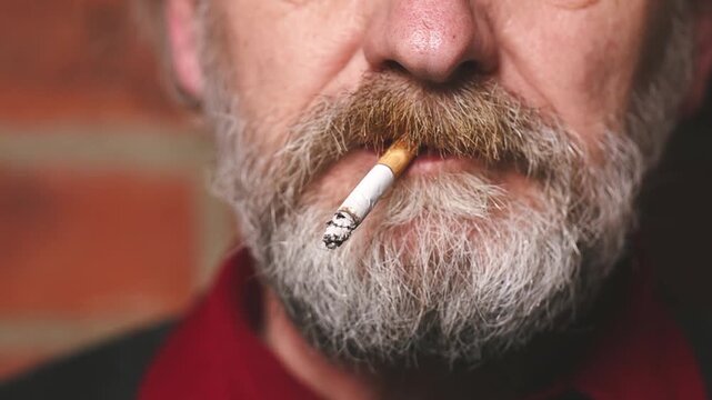 Older man smoking on balcony classic cigarette in detail video footage
