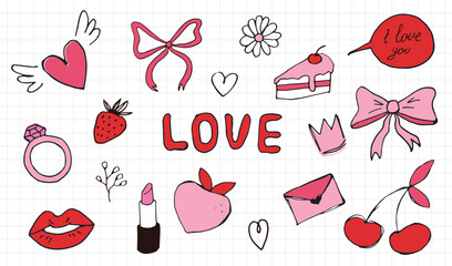 WA set of cute hand-drawn romantic drawings. Lips, bows, and hearts. A doodle set of hand-drawn stickers in red and pink