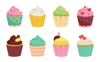 A set of colorful isolated cupcakes with different fillings. Chocolate cupcake, vanilla cupcake, almond cupcake, and strawberry cupcake. A cute flat design for decorating postcards, posters, and ad