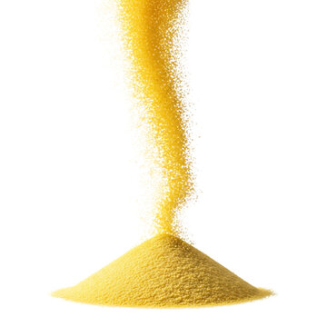 Fine golden yellow granules steadily pour, forming a beautiful soft peak. brazilian food in winter season. Transparent background