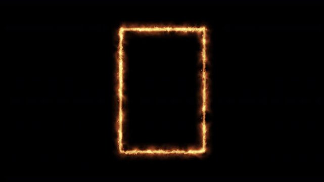 fiery frame of fire and burning hot flames. An realistic inferno themed rectangle picture frame or border of roaring flames with a plain black background 4K animation