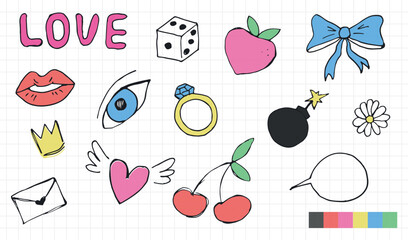 A set of cute hand-drawn y2k-themed stickers. Lips, bows, and a bomb, peach, ring, cherries, dialog cloud. A set of comic-style hand-drawn stickers