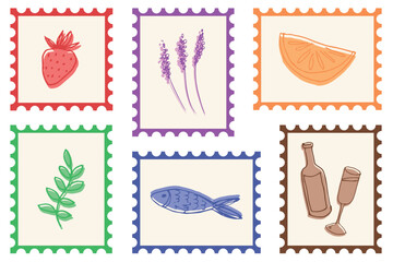 A set of designs in the form of stamps with a two-color flat hand-drawn design. Vintage-style vacation and leisure themes