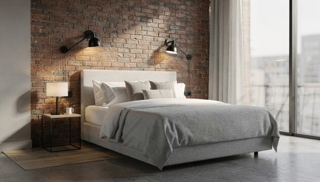 Medium shot of loftstyle hotel room with exposed brick wall and industrial lighting large windows softly blurred in the background capturing daytime ambiance.