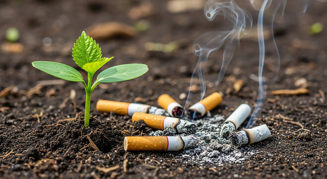 Green seedling growing near cigarette butts on soil quit smoking health recovery environmental pollution