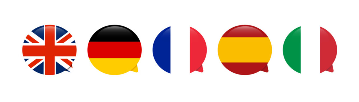 European Language Speech Bubbles with UK, German, French, Spanish and Italian Flags