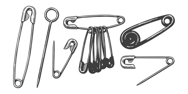 Collection of vintage safety pins and sewing needles in a hand-drawn sketch style, isolated on white background.