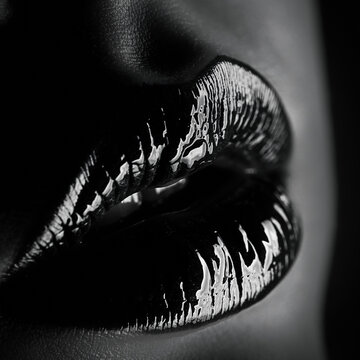 Dramatic close-up of glossy black lips in high-contrast black-and-white portrait.