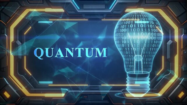 Futuristic Digital Light Bulb with Binary Code and the Word QUANTUM in a Sci- Fi Frame quantum