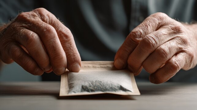 Close-Up of Hands Sealing a Tea Pouch with Natural Texture