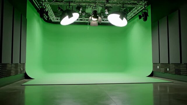 Empty green screen studio with cyclorama wall and overhead softbox lights, clean production stage for video compositing and keying, modern film set mood