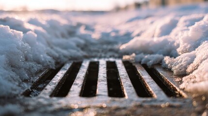 Close-up of Storm Drain Grate with Melting Snow in Winter Light