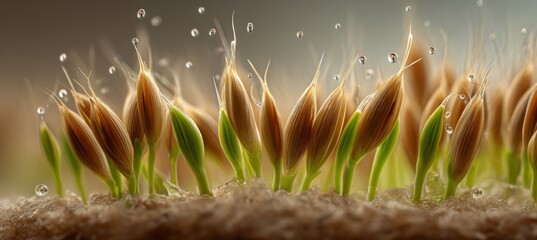 Naklejka premium Macro Close-Up of Barley Grains Sprouting with Emerging Green Shoots