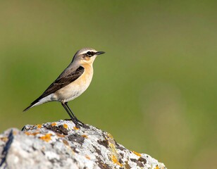 Small bird with tan, black, white feathers perches on a rock, soft green background