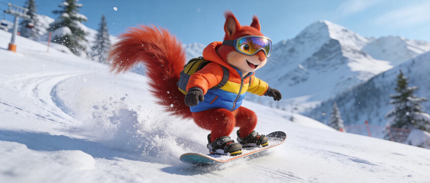 A cheerful squirrel in colorful winter gear snowboards down a snowy mountain slope with a bright blue sky and pine trees in the background.