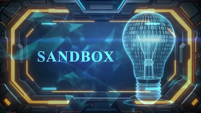 Futuristic Digital Light Bulb with Binary Code and " SANDBOX" Text in Sci- Fi Frame sandbox technology