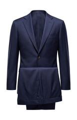 Single-breasted navy blue suit with notch lapels and flat front trousers