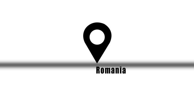 Romania Location Pin Animation Featuring A Black And White Map Pointer Icon For Navigation Tracking Travel Business And Sports Documentaries.
